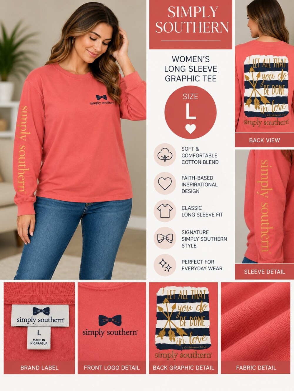 Simply southern Women's large coral Corinthians love shirt #31
